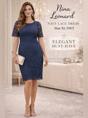 Nina Leonard Navy Lace Dress – Size XL NWT 💙 Elegant Occasion Dress